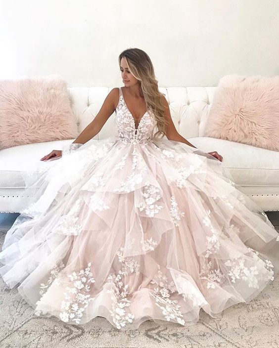 Elegant Strapless V-Neck Full Floral Prints Lace Long Train Ball Gown Dainty Bridal Wedding Dress. main image 0