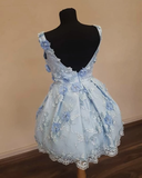 Elegant V Neck Homecoming Dresses Lace Flower Embroidery Short Prom Dress #MHL086