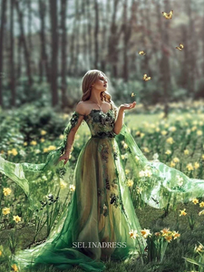 Emerald Green Prom Dresses Floral Dress Tulle Evening Dress Jungle Fairy Dress Photo Dress Women's Dress GRSD001|Selinadress