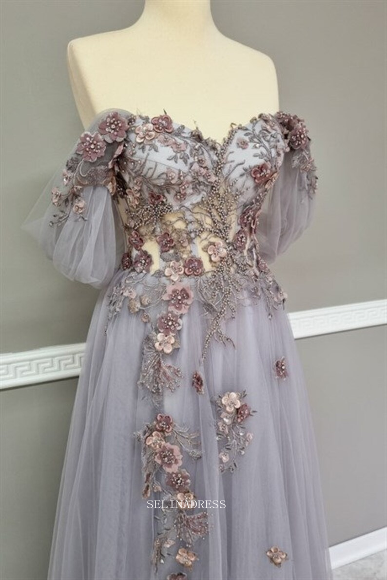 Fantasy Tulle Long Prom Dresses Princess Dress Floral Beaded Evening D – SELINADRESS Fantasy Tulle Long Prom Dresses Princess Dress Floral Beaded Evening D – SELINADRESS