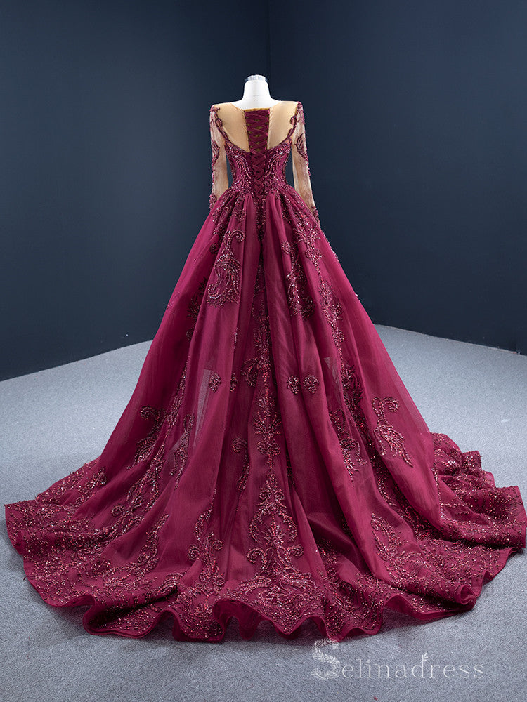Feature Mermaid Long Sleeve Prom Dress Beaded Burgundy Evening Gowns D SELINADRESS Feature Mermaid Long Sleeve Prom Dress Beaded Burgundy Evening Gowns D SELINADRESS