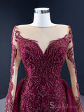 Feature Mermaid Long Sleeve Prom Dress Beaded Burgundy Evening Gowns DWH67250|Selinadress