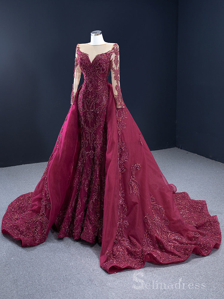 Feature Mermaid Long Sleeve Prom Dress Beaded Burgundy Evening Gowns D SELINADRESS Feature Mermaid Long Sleeve Prom Dress Beaded Burgundy Evening Gowns D SELINADRESS