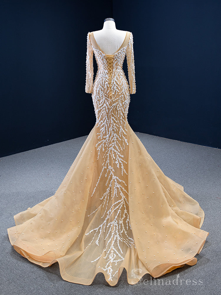 Feature Mermaid Long Sleeve Prom Dress Full Beaded Wedding Gowns DWH67 SELINADRESS Feature Mermaid Long Sleeve Prom Dress Full Beaded Wedding Gowns DWH67 SELINADRESS