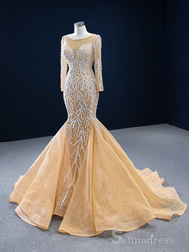 Feature Mermaid Long Sleeve Prom Dress Full Beaded Wedding Gowns DWH67 SELINADRESS Feature Mermaid Long Sleeve Prom Dress Full Beaded Wedding Gowns DWH67 SELINADRESS