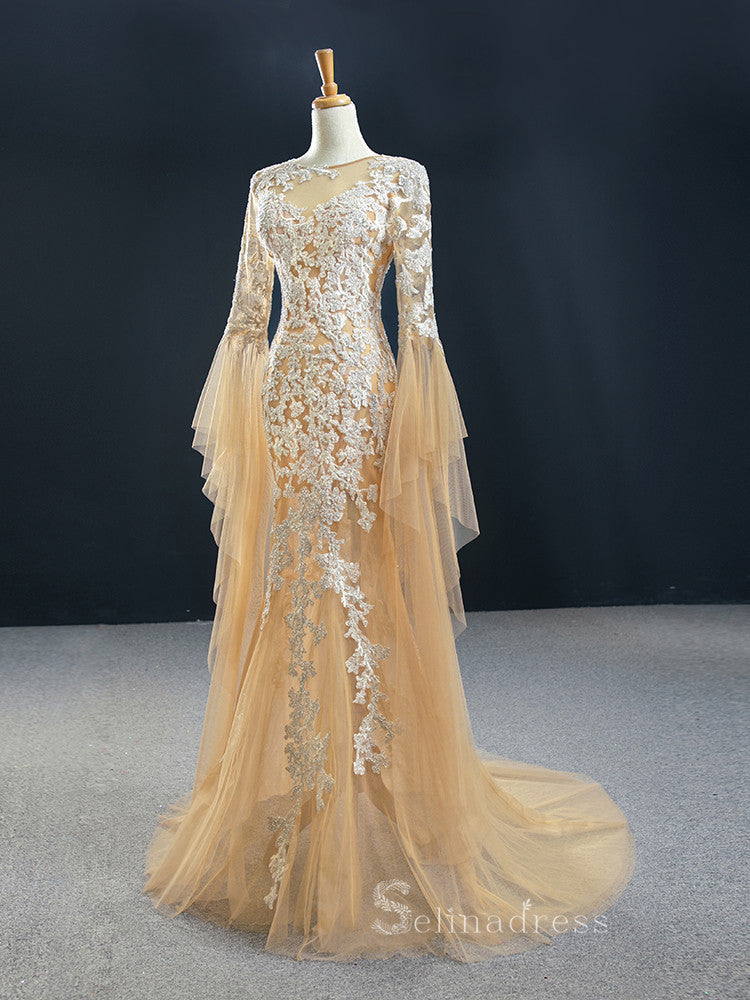 Feature Mermaid Scoop Long Sleeve Luxury Prom Dress Champagne Wedding SELINADRESS Feature Mermaid Scoop Long Sleeve Luxury Prom Dress Champagne Wedding SELINADRESS