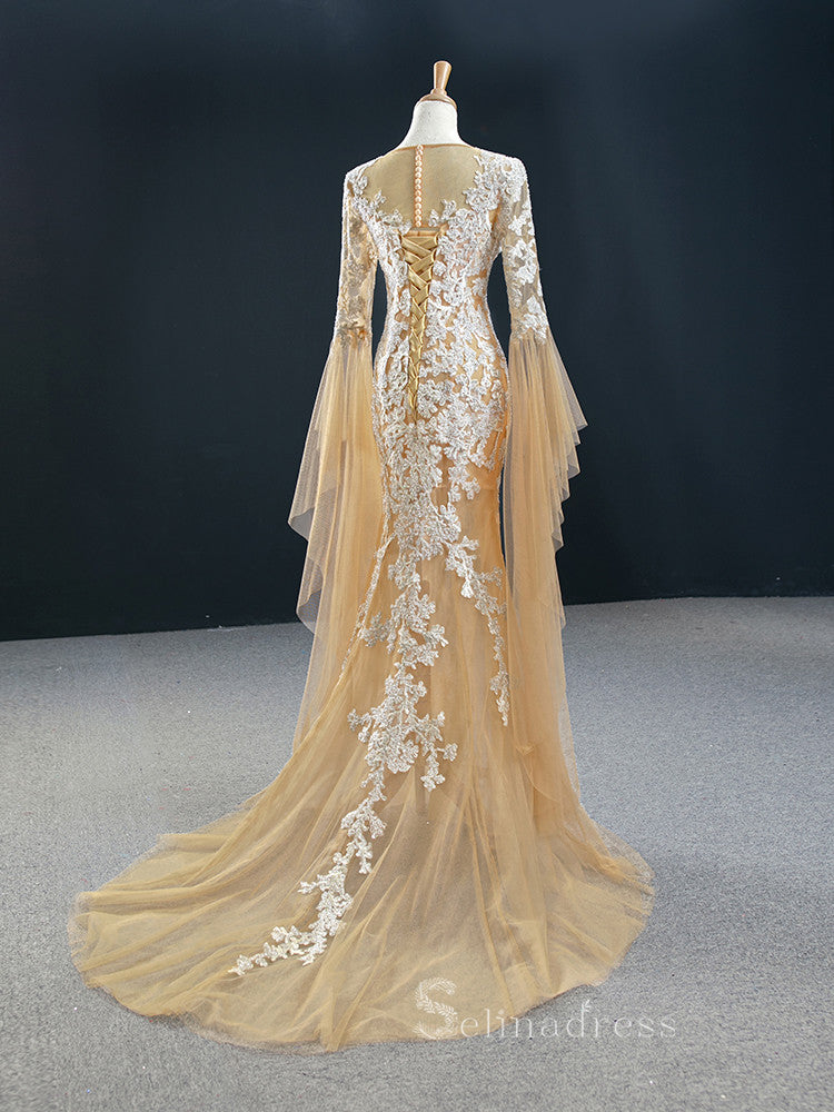 Feature Mermaid Scoop Long Sleeve Luxury Prom Dress Champagne