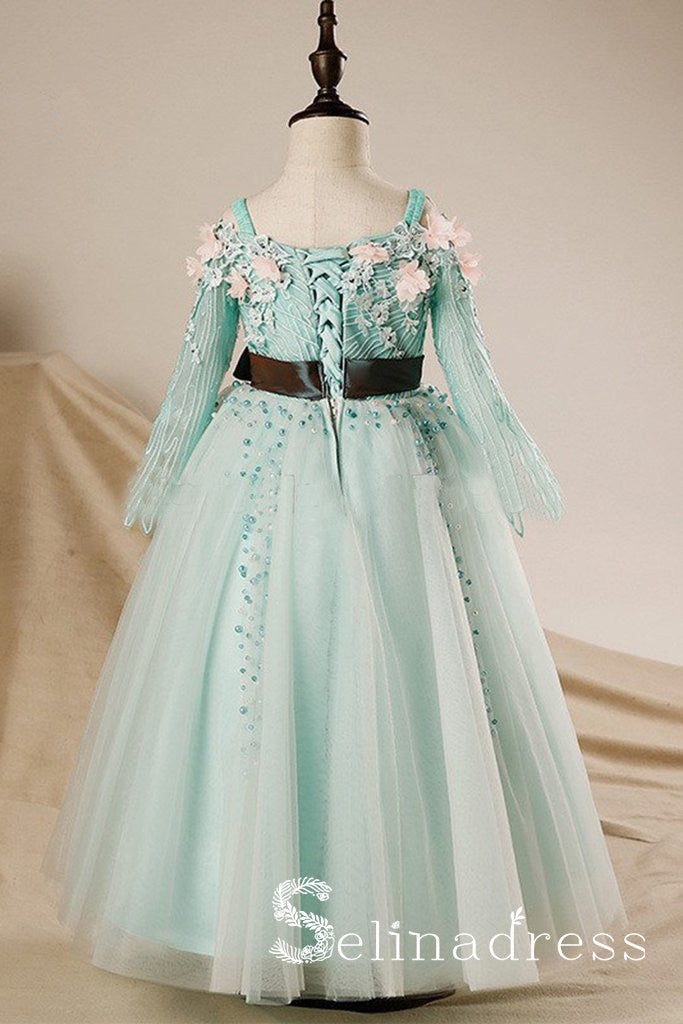 Long Sleeves Mint Tulle A-line Lace Flower Girl Dress With Sash GRS004 SELINADRESS Long Sleeves Mint Tulle A-line Lace Flower Girl Dress With Sash GRS004 SELINADRESS