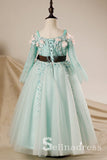 Long Sleeves Mint Tulle A-line Lace Flower Girl Dress With Sash GRS004|Selinadress