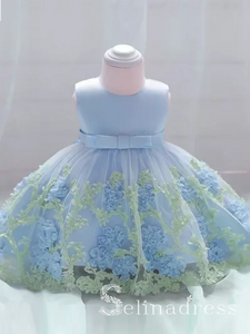 Light Sky Blue Lovely Big Bow Modest Wedding Little Girl Flower Girl Dresses GRS007|Selinadress