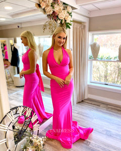 Fuchsia Halter Mermaid Prom Dress Cheap Open Back Long Formal Dresses Evening Dress KPY009|Selinadress
