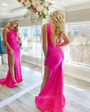Fuchsia Mermaid Prom Dress Cheap Thigh Split Long Formal Dresses Evening Dress KPY008|Selinadress