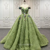 Glamorous Ruffle Butterfly Off Shoulder Sage Ball Gown Evening Dress Gown For Women LS9822 Selinadress