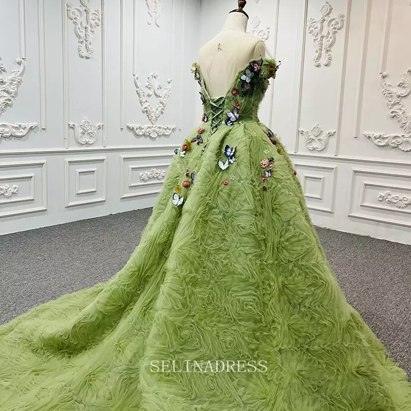 Glamorous Ruffle Butterfly Off Shoulder Sage Ball Gown Evening Dress G SELINADRESS Glamorous Ruffle Butterfly Off Shoulder Sage Ball Gown Evening Dress G SELINADRESS