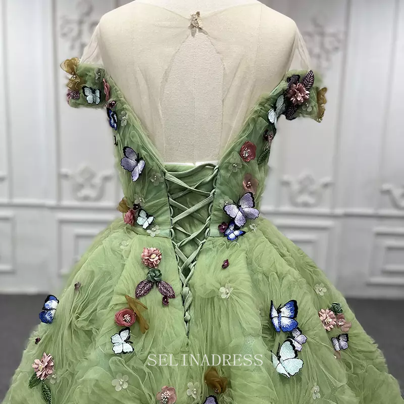 Glamorous Ruffle Butterfly Off Shoulder Sage Ball Gown Evening Dress G SELINADRESS Glamorous Ruffle Butterfly Off Shoulder Sage Ball Gown Evening Dress G SELINADRESS