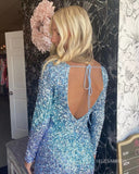 Glittery Baby Blue Bodycon Homecoming Dresses 2022 Long Sleeve Scoop Mini Cocktail Dresses #TKL009|Selinadress