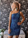 Glittery Blue Sequins Homecoming Dresses 2022 One Shoulder Mini Cocktail Dresses #TKL012|Selinadress
