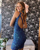 Glittery Blue Sequins Homecoming Dresses 2022 One Shoulder Mini Cocktail Dresses #TKL012|Selinadress