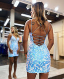 Glittery Bodycon Light Blue Homecoming Dresses Spaghetti Straps Short Mini Cocktail Dresses #TKL023|Selinadress