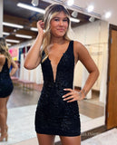 Glittery Bodycon Lilac Homecoming Dresses V neck Short Mini Black Cocktail Dresses #TKL024|Selinadress