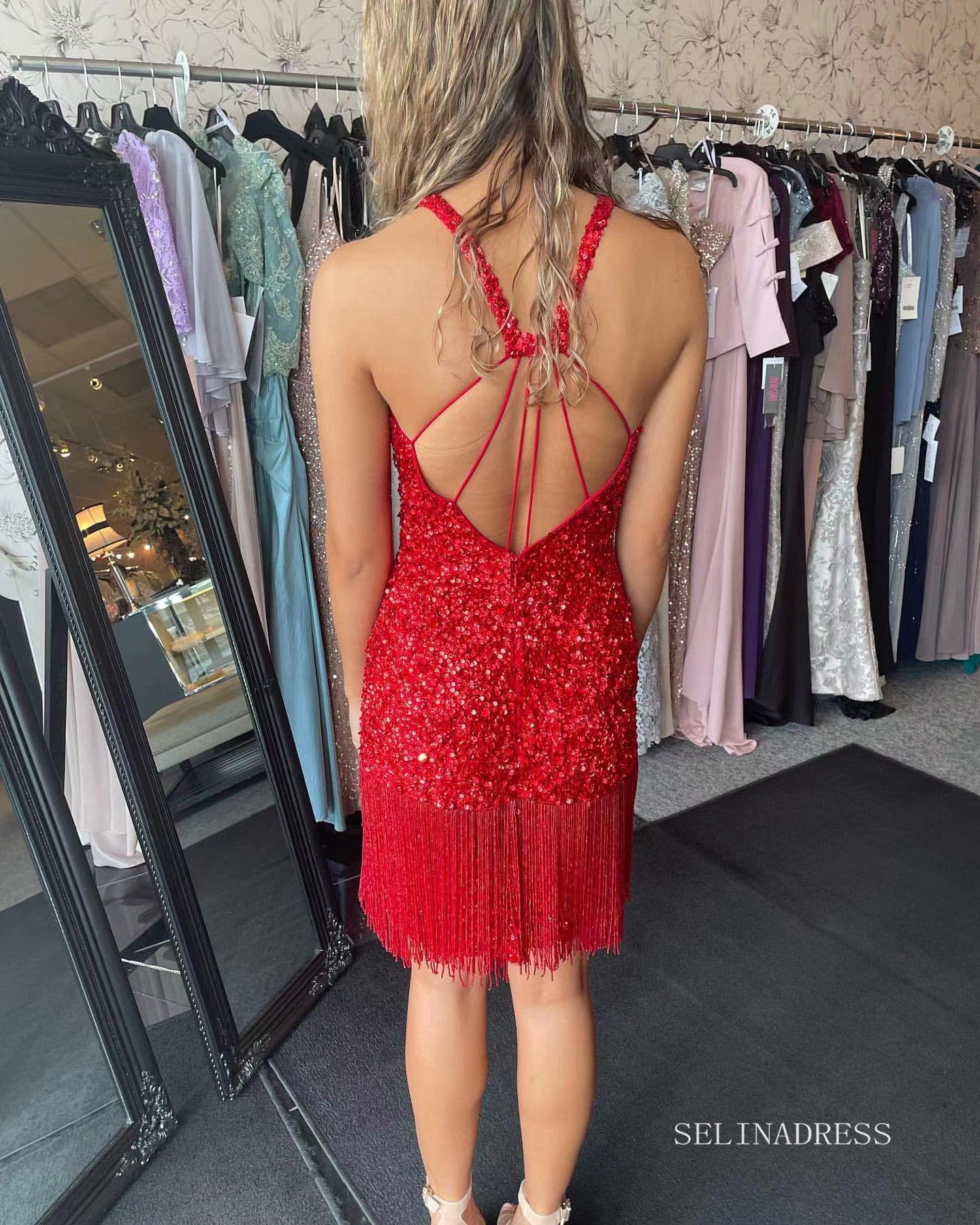 Glittery Bodycon Red Homecoming Dresses Sequins Mini Cocktail Dresses SELINADRESS Glittery Bodycon Red Homecoming Dresses Sequins Mini Cocktail Dresses SELINADRESS