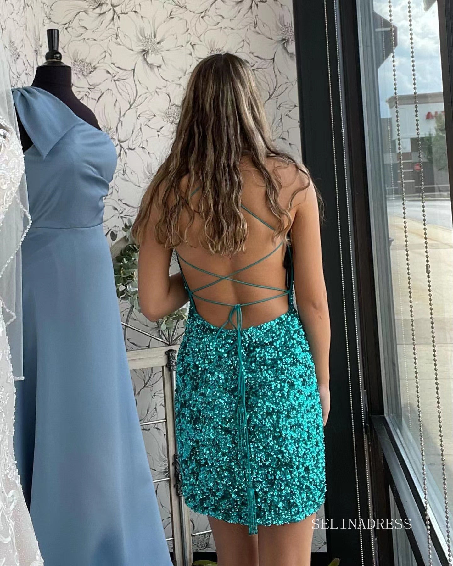 Glittery Bright Blue Sequins Homecoming Dresses 2022 Spaghetti Straps SELINADRESS Glittery Bright Blue Sequins Homecoming Dresses 2022 Spaghetti Straps SELINADRESS