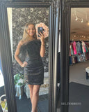 Glittery Sequins Bodycon Homecoming Dresses 2022 One Shoulder Black Mini Cocktail Dresses #TKL008