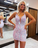 Glittery Sequins Bodycon Homecoming Dresses Spaghetti Straps Short Mini Cocktail Dresses #TKL027|Selinadress