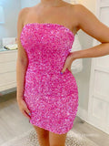 Glittery Sequins Fuchsia Homecoming Dresses 2022 Mini Cocktail Dresses #TKL001|Selinadress