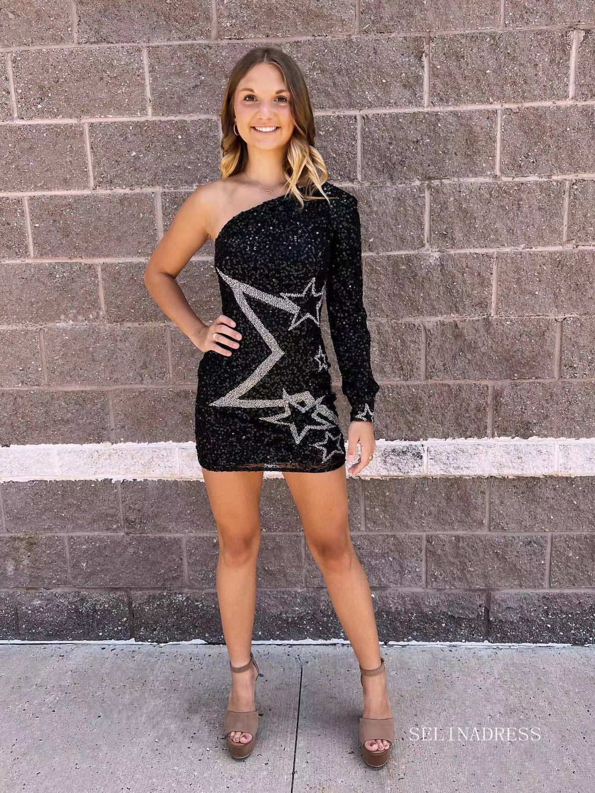 Glittery Sequins One Shoulder Homecoming Dresses 2022 Bodycon Black Mi SELINADRESS Glittery Sequins One Shoulder Homecoming Dresses 2022 Bodycon Black Mi SELINADRESS