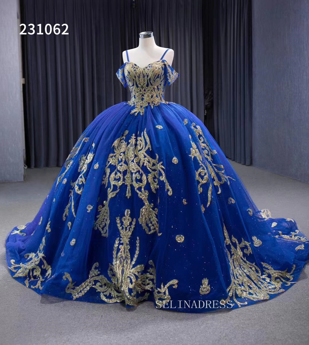 Gold Decoration Royal Blue Ball Gowns Tulle Wedding Dresses 231062 SELINADRESS Gold Decoration Royal Blue Ball Gowns Tulle Wedding Dresses 231062 SELINADRESS