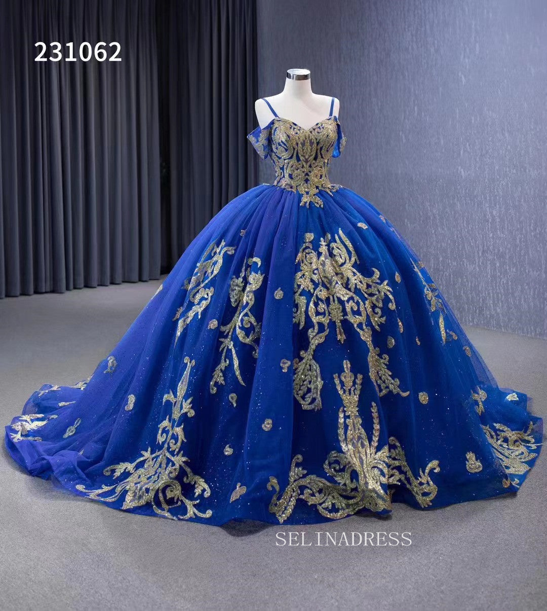 Gold Decoration Royal Blue Ball Gowns Tulle Wedding Dresses 231062 SELINADRESS Gold Decoration Royal Blue Ball Gowns Tulle Wedding Dresses 231062 SELINADRESS