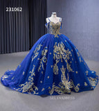 Gold Decoration Royal Blue Ball Gowns Tulle Wedding Dresses 231062|Selinadress