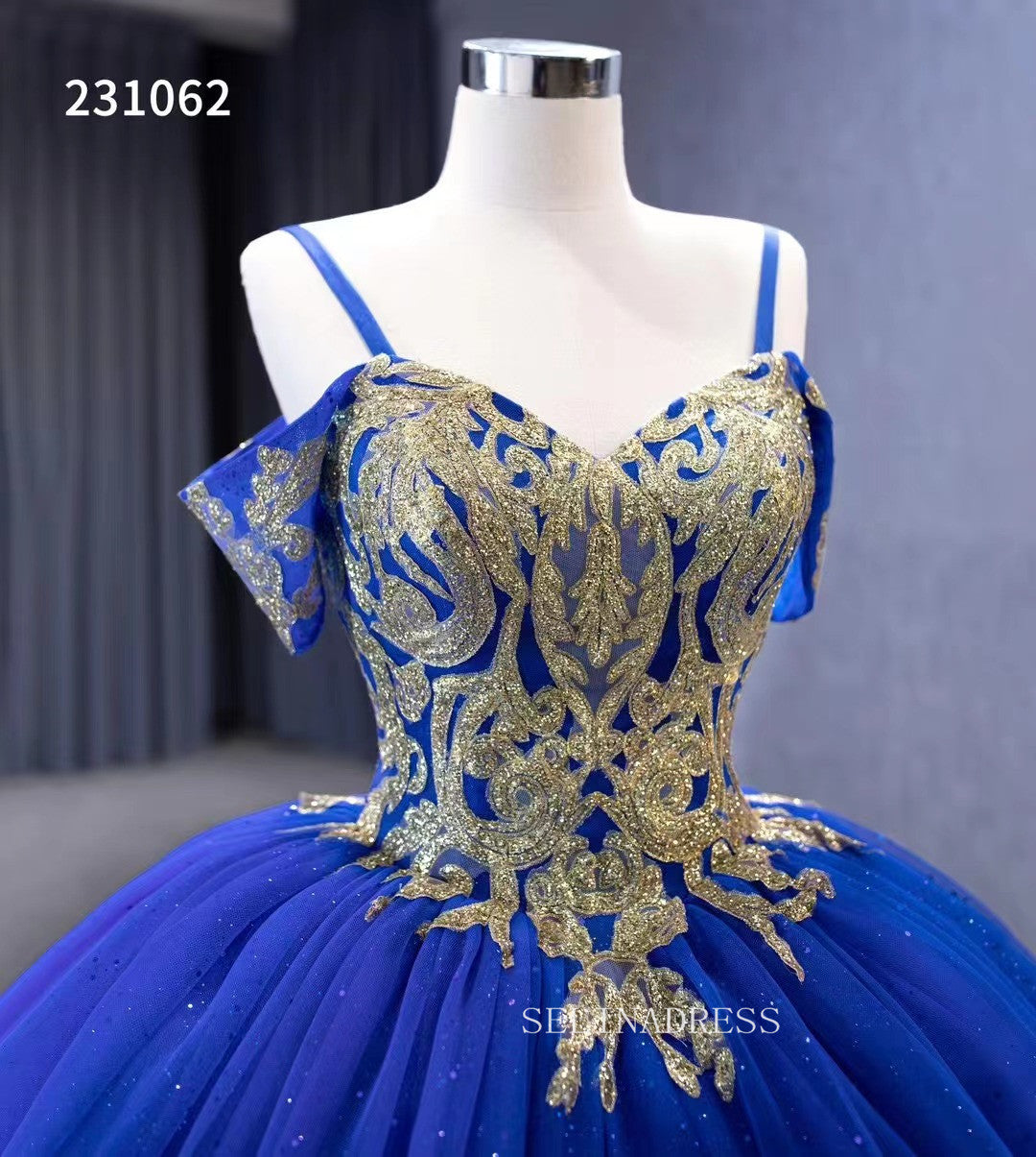 Gold Decoration Royal Blue Ball Gowns Tulle Wedding Dresses 231062 SELINADRESS Gold Decoration Royal Blue Ball Gowns Tulle Wedding Dresses 231062 SELINADRESS