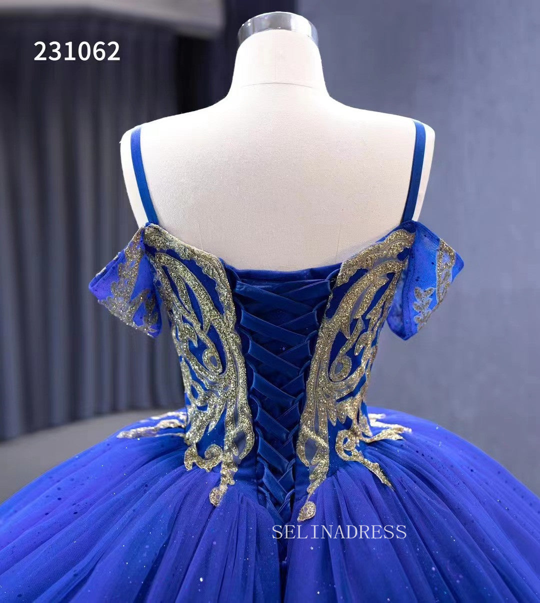 Gold Decoration Royal Blue Ball Gowns Tulle Wedding Dresses 231062 SELINADRESS Gold Decoration Royal Blue Ball Gowns Tulle Wedding Dresses 231062 SELINADRESS