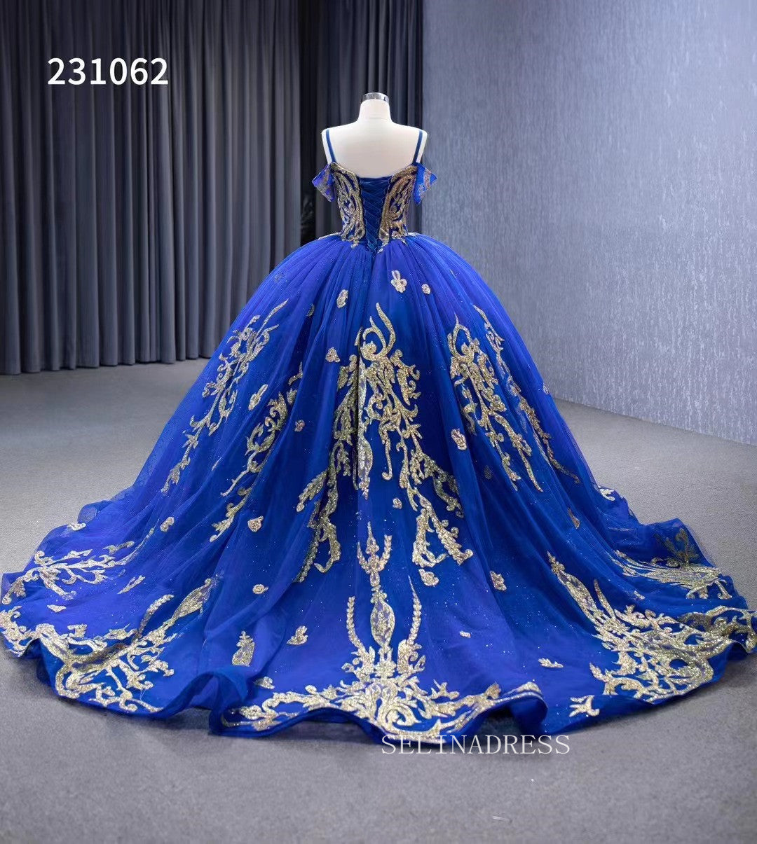 Gold Decoration Royal Blue Ball Gowns Tulle Wedding Dresses 231062 SELINADRESS Gold Decoration Royal Blue Ball Gowns Tulle Wedding Dresses 231062 SELINADRESS