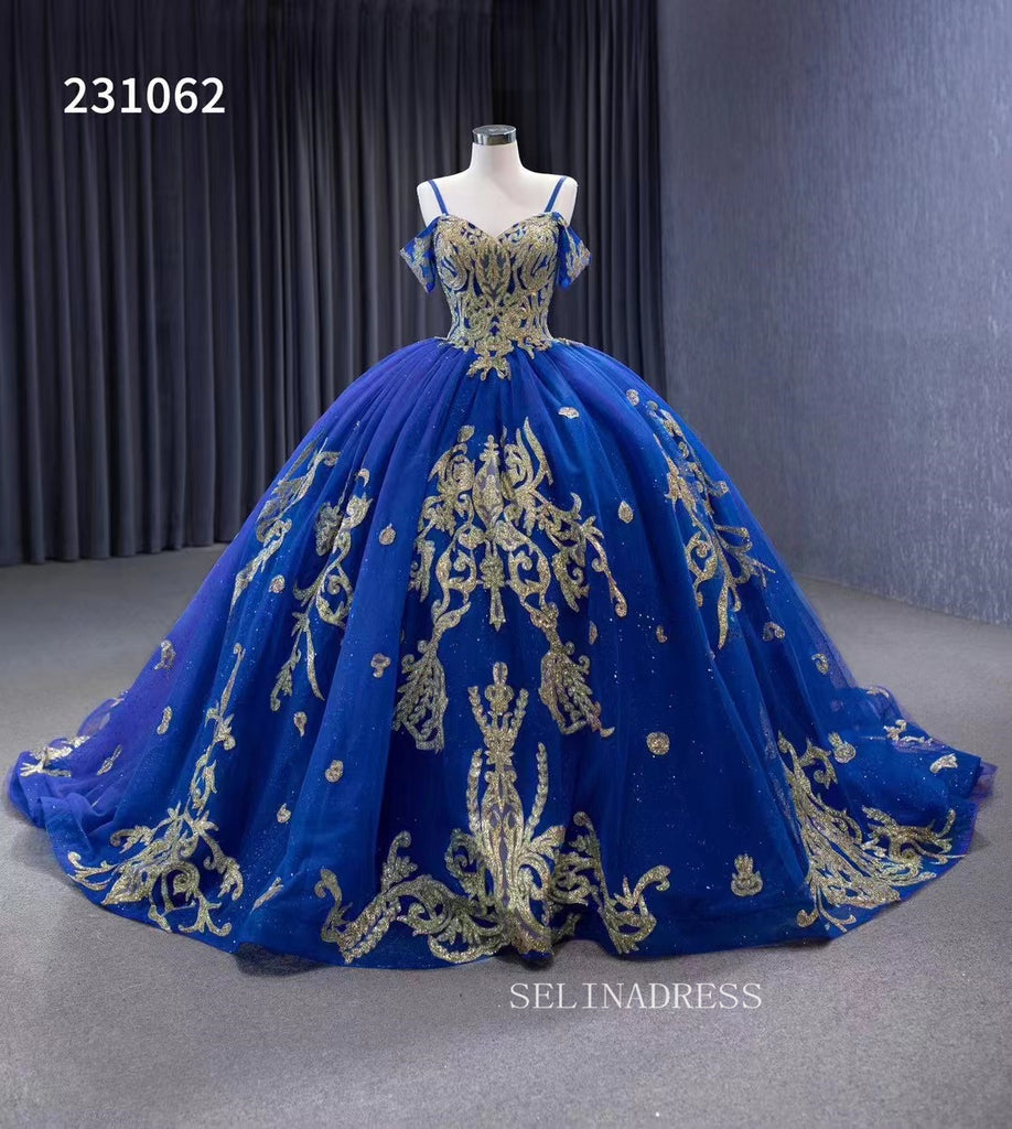 Gold Decoration Royal Blue Ball Gowns Tulle Wedding Dresses 231062 –  SELINADRESS