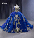 Gold Decoration Royal Blue Ball Gowns Tulle Wedding Dresses 231062|Selinadress