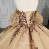 Gold Lace Sequins Ball Gown Prom Dress Long Sleeve Bridal Party Evening Sweetheart Dress DY1111|Selinadress