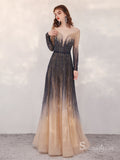 Gorgeous Black Sparkly Long Prom Dresses Long Sleevee Beaded Formal/Evening Gowns SC017