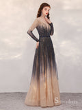 Gorgeous Black Sparkly Long Prom Dresses Long Sleevee Beaded Formal/Evening Gowns SC017