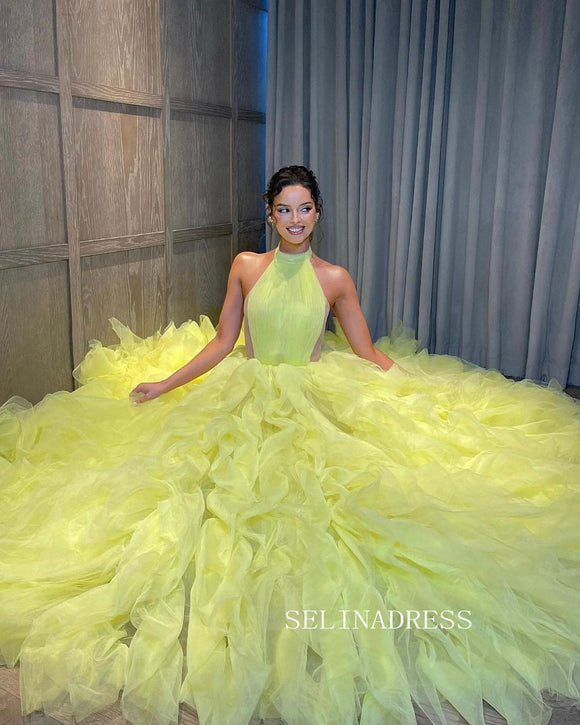 Gorgeous Halter Yellow Ball Gown Layered See Through Tulle Evening Dress #JKW015