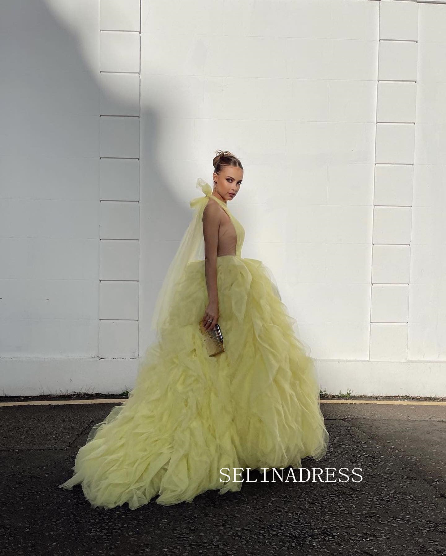 Gorgeous Halter Yellow Ball Gown Layered See Through Tulle Evening Dress #JKW015 Gorgeous Halter Yellow Ball Gown Layered See Through Tulle Evening Dress #JKW015