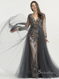 Gorgeous Long Sleeve V neck Glitter Long Prom Dress Beaded Evening Formal Gown SC030