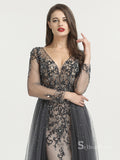 Gorgeous Long Sleeve V neck Glitter Long Prom Dress Beaded Evening Formal Gown SC030