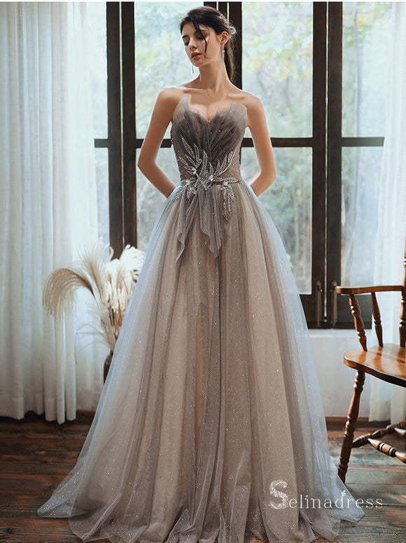 Gorgeous Strapless Long Prom Dresses Beaded Silver Formal Dresses SC007
