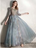 Gorgeous V neck Long Prom Dresses With Half Sleeve Blue Formal Dresses SC008