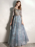 Gorgeous V neck Long Prom Dresses With Half Sleeve Blue Formal Dresses SC008
