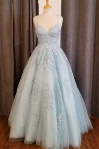 Light Blue Straps Appliques Tulle A-line Long Prom Dress DR1488