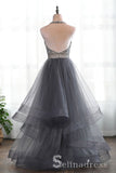 Grey Tulle 3D Flowers Backless Beading High Neck Long Prom Dress Evening Gowns SED046